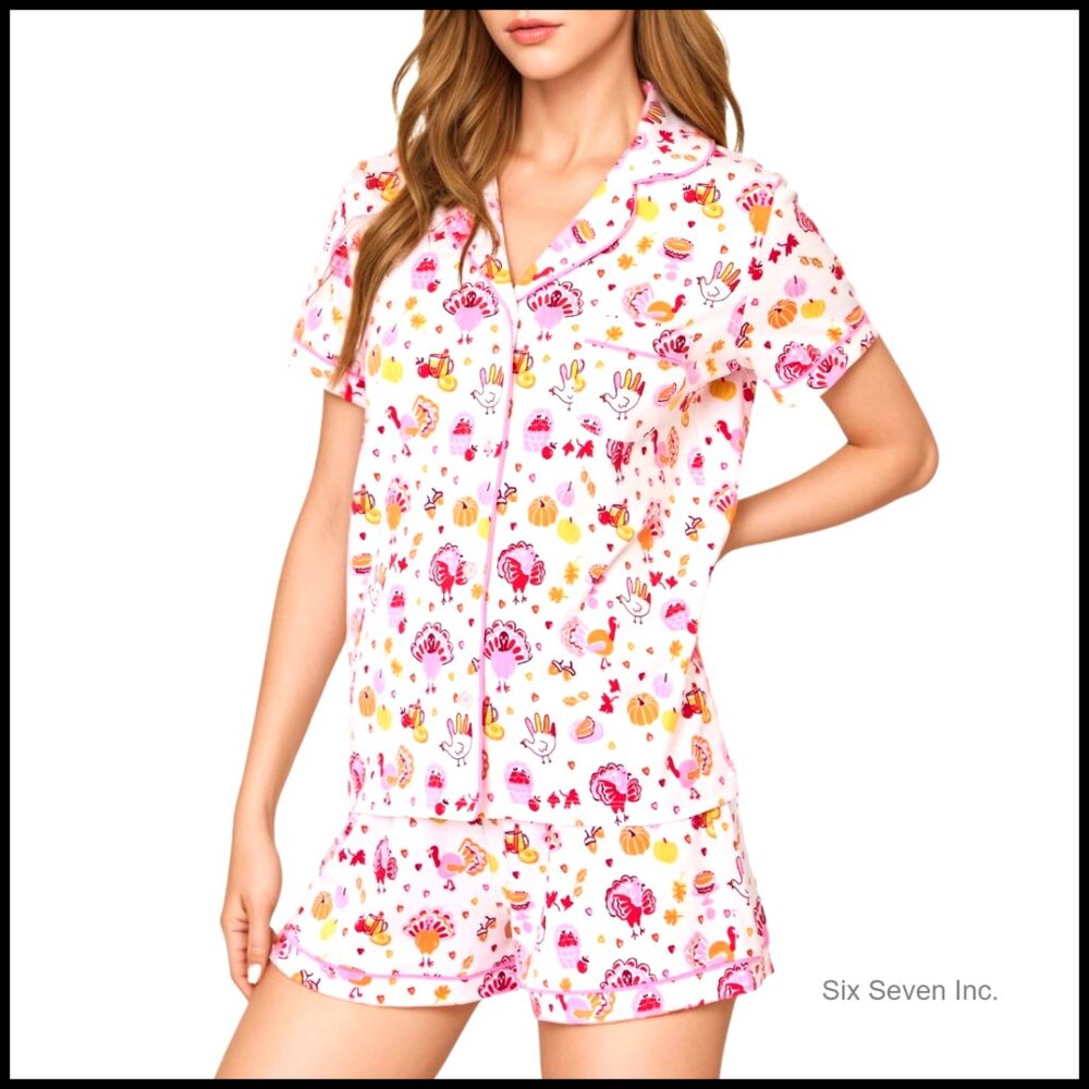 Polyester Blend Button Down Pajama Set With Monke… - image 1